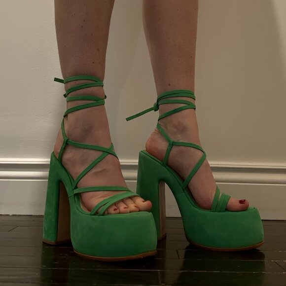 SCHUTZ Lynda Nubuck Gianni Green 70’s Stappy Calf Wrap Sexy Platform Sandals - Picture 1 of 6